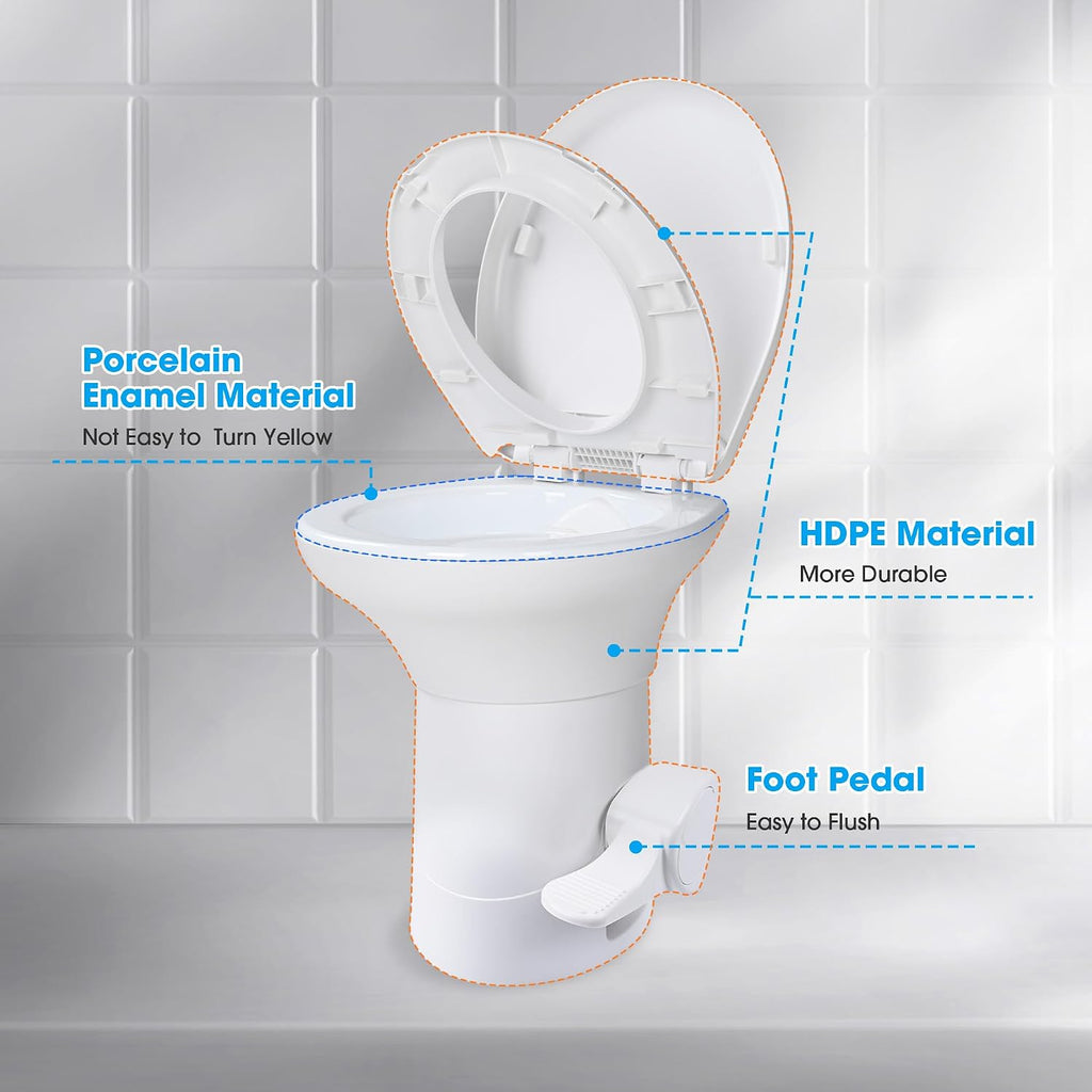 Yescom RV Toilet with Bidet Spray Porcelain Enamel Elongated Gravity Flush Foot Pedal Toilet for Motorhome Caravan Travel Tailer 20' Seating Height Portable Restroom Toilet Fits for Marine
