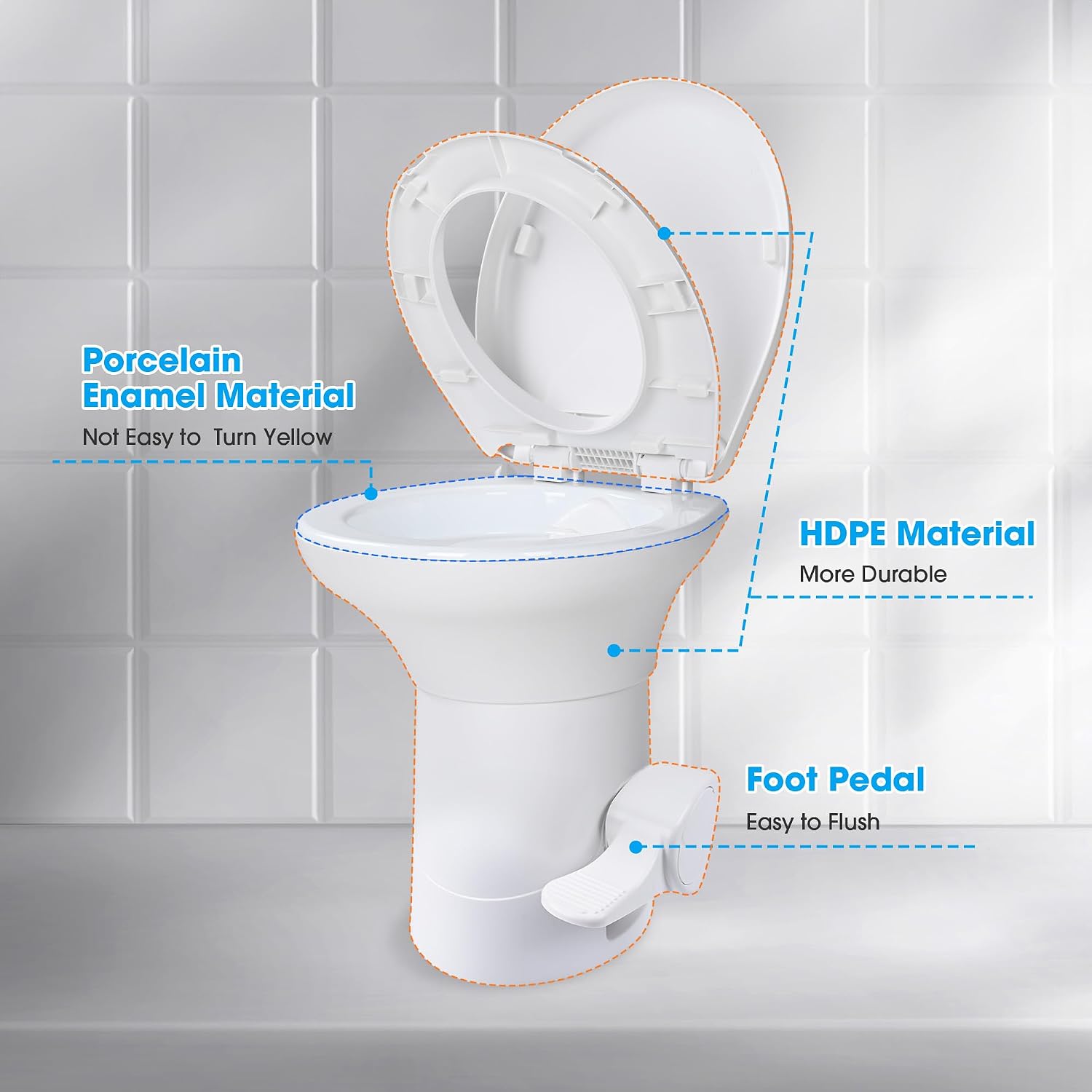 Yescom RV Toilet with Bidet Spray Porcelain Enamel Elongated Gravity Flush Foot Pedal Toilet for Motorhome Caravan Travel Tailer 20' Seating Height Portable Restroom Toilet Fits for Marine
