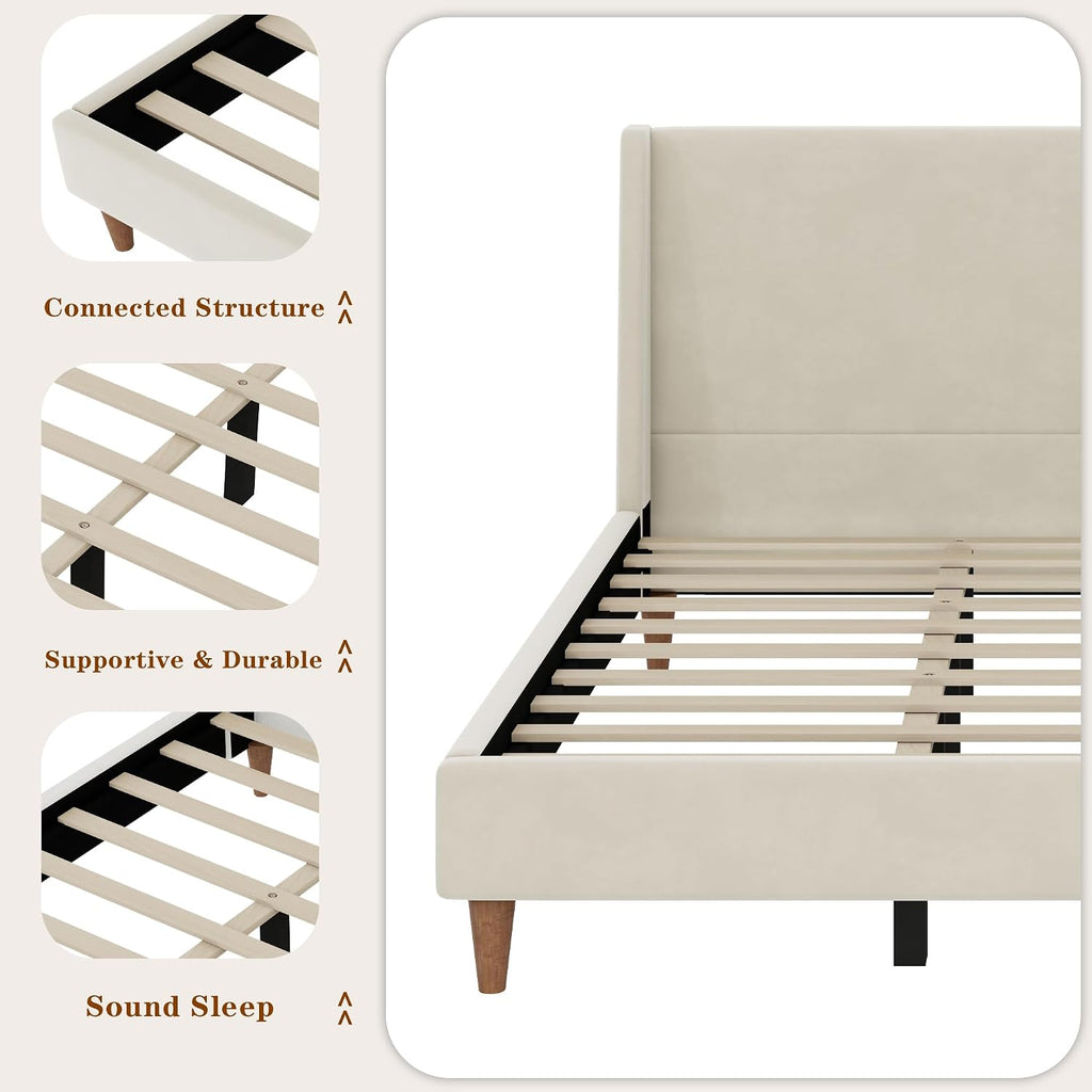 King Size Upholstered Platform Bed Frame, Modern Wingback Bed with Headboard, Upholstered Bed Frames with Walnut Wooden Legs, No Box Spring Needed/Easy Assembly, Beige Velvet