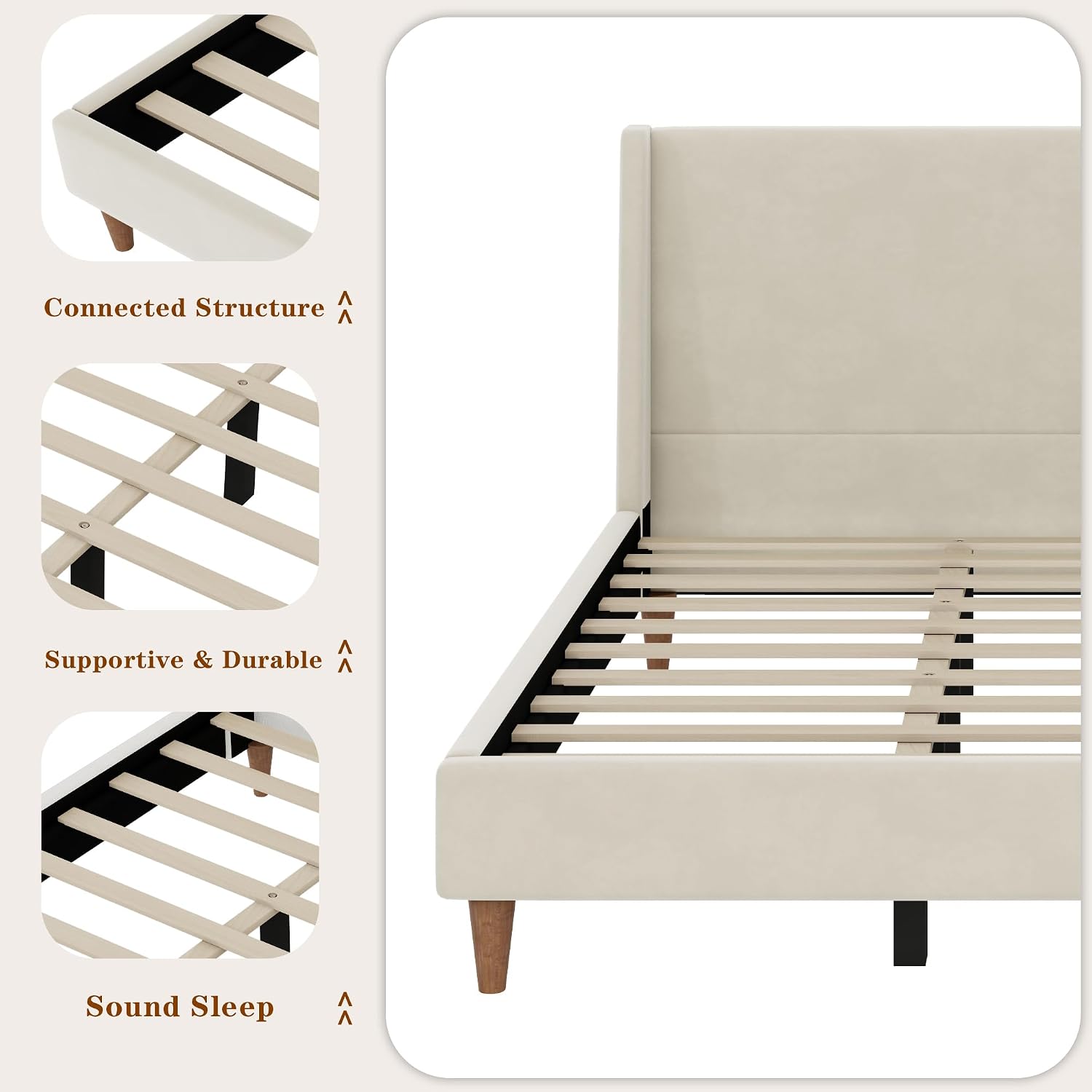 King Size Upholstered Platform Bed Frame, Modern Wingback Bed with Headboard, Upholstered Bed Frames with Walnut Wooden Legs, No Box Spring Needed/Easy Assembly, Beige Velvet