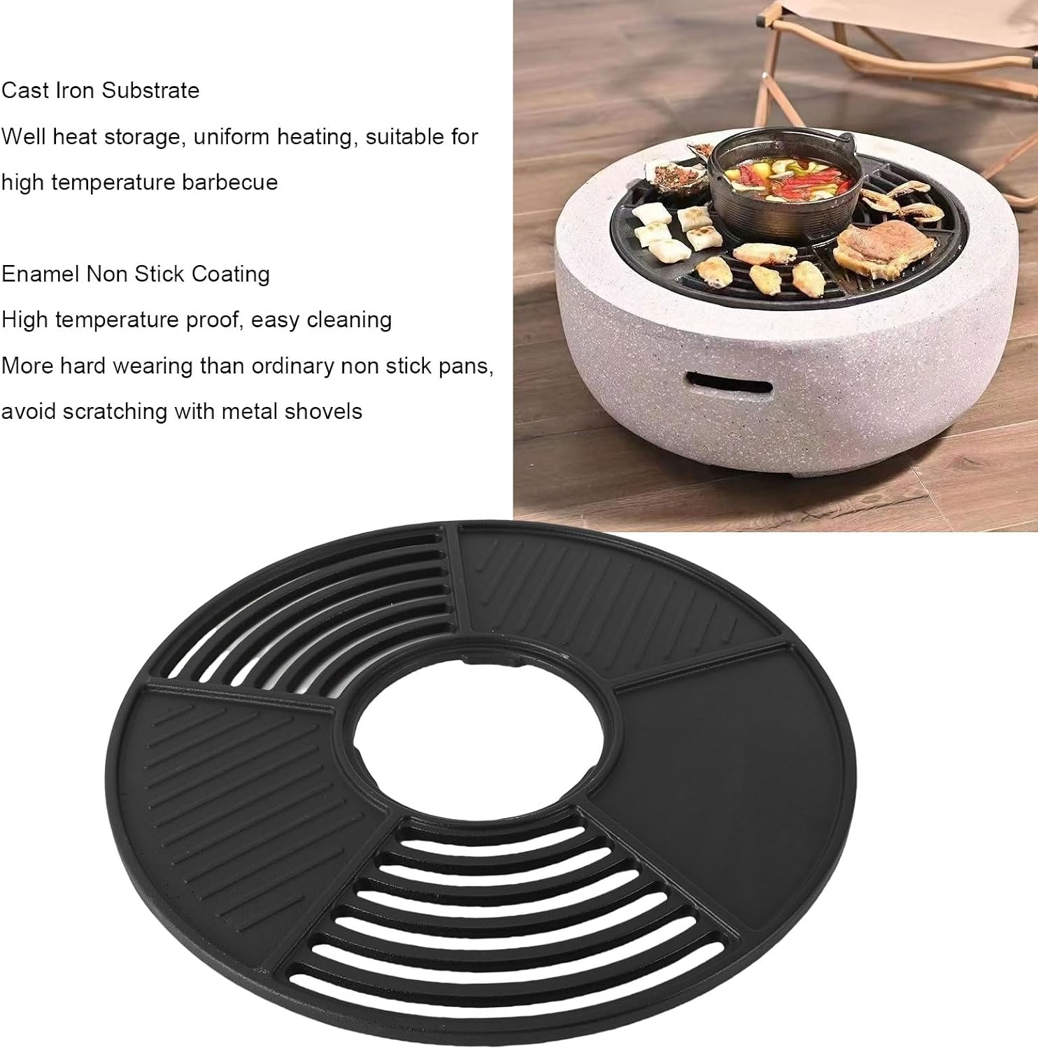 Grill Plate, 42cm Round Cast Iron Grill Pan with Enamel Non Stick Coating, for Indoor Outdoor Camping Picnics Charcoal Gas Stove