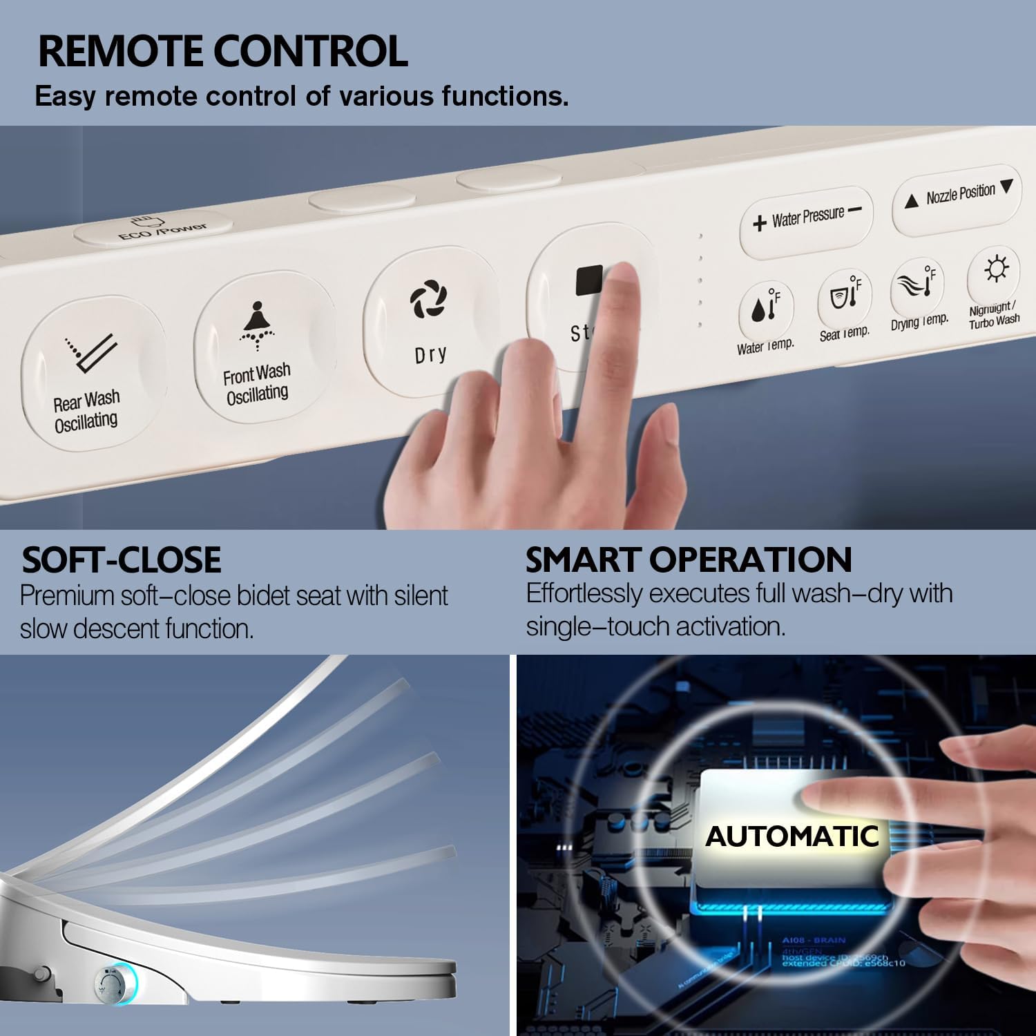 Bidet Toilet Seat with Warm Water Wash, Air Dryer, Heated Seat, Remote Control, LED Display, Self-Cleaning Nozzle, Night Light & Multiple Cleaning Modes (Elongated)
