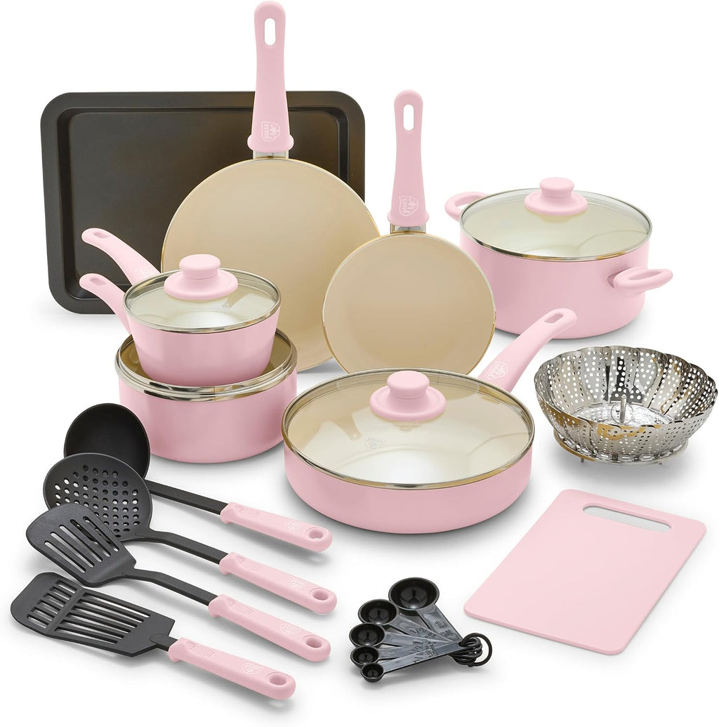 GreenLife Soft Grip Healthy Ceramic Nonstick 18 Piece Kitchen Cookware Pots and Frying Sauce Saute Pans Set, PFAS-Free with Kitchen Utensils and Lid, Dishwasher Safe, Soft Pink