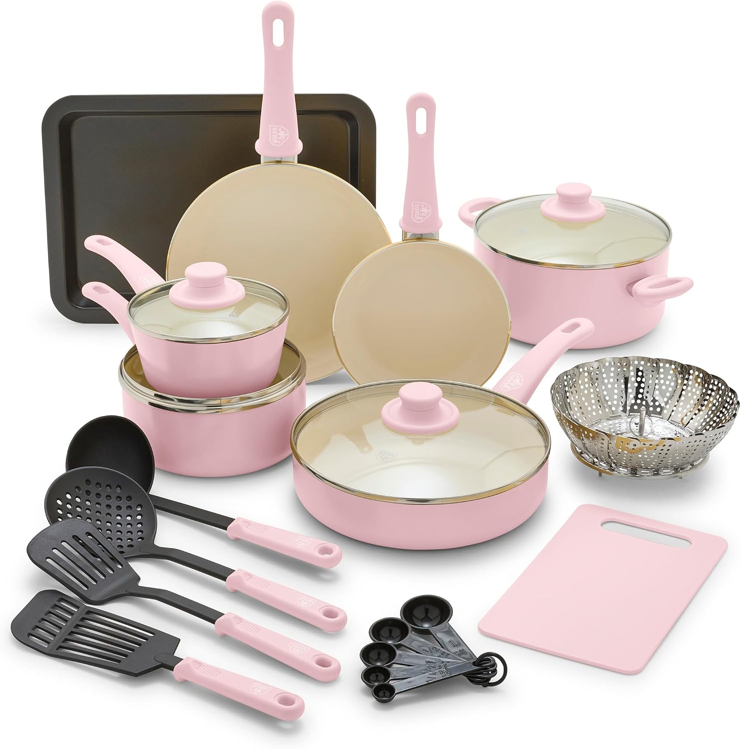 GreenLife Soft Grip Healthy Ceramic Nonstick 18 Piece Kitchen Cookware Pots and Frying Sauce Saute Pans Set, PFAS-Free with Kitchen Utensils and Lid, Dishwasher Safe, Soft Pink