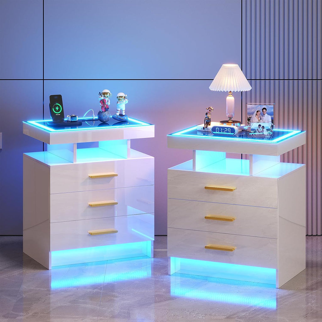 HNEBC Night Stand Set 2 with LED Lights, High Gloss Nightstand with 3 Drawers,Wireless&USB&Type-C Charging Station,Smart Side Tables with Tempered Glass Top for Bedroom,Living Room,Office-White