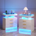HNEBC Night Stand Set 2 with LED Lights, High Gloss Nightstand with 3 Drawers,Wireless&USB&Type-C Charging Station,Smart Side Tables with Tempered Glass Top for Bedroom,Living Room,Office-White