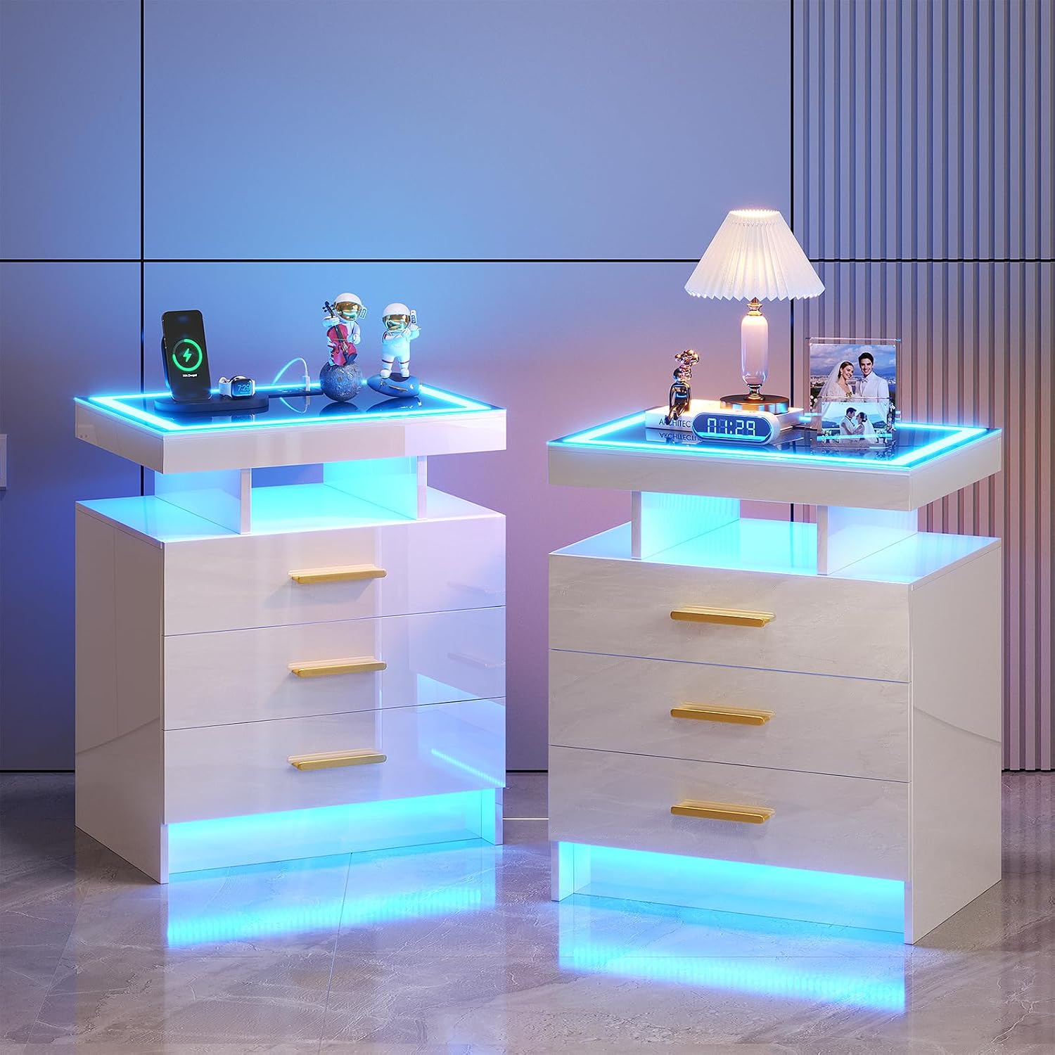 HNEBC Night Stand Set 2 with LED Lights, High Gloss Nightstand with 3 Drawers,Wireless&USB&Type-C Charging Station,Smart Side Tables with Tempered Glass Top for Bedroom,Living Room,Office-White