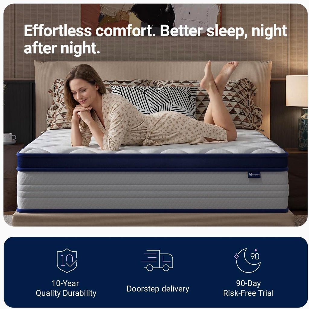 Avenco 10 Inch King Size Mattress for Deep Sleep, King Mattresses with Smart Coil Spring Technology for Pressure Relief, Breathable Cover Motion Isolation CertiPUR-US Certified Bed Mattress in a Box