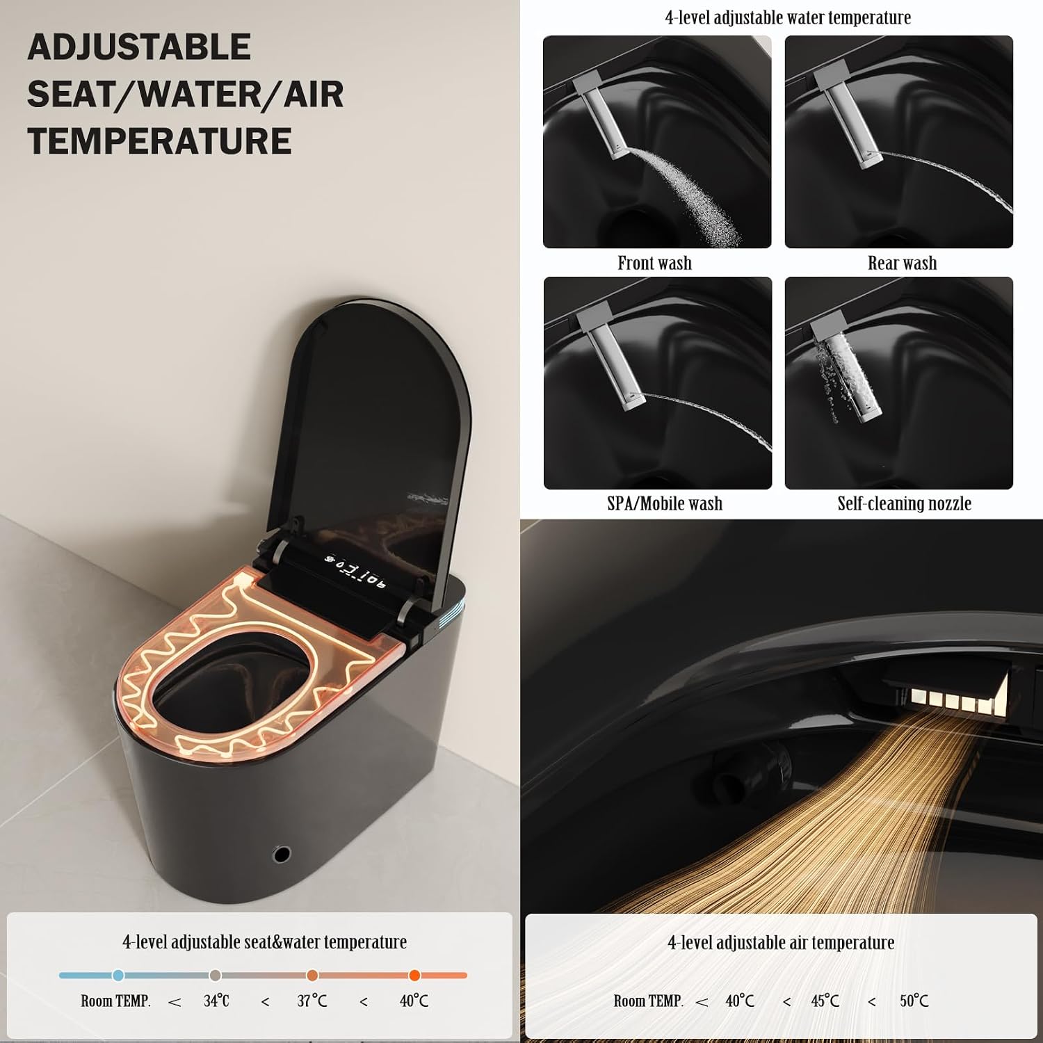 BONSAM Smart Toilet with Auto Open/Close Lid, Modern Toilet with Bidet Built In, Foam Shield, Auto Flush, Warm Water&Dryer, Self-Cleaning Heated Seat Toilet with Remote Control for Seniors & Families.
