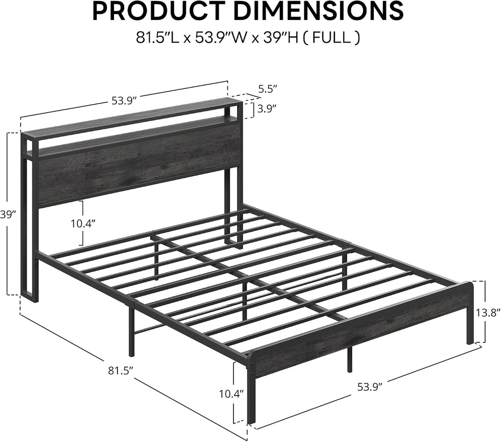 LIKIMIO Full Bed Frame with Headboard, Dark Wood Camas Full with Strong Supports, Sturdy, Noise-Free, No Box Spring Needed, Charcoal Grey