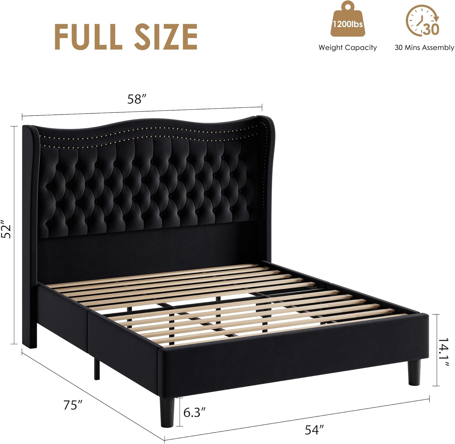 Upholstered Full Size Bed Frame with Tall Headboard, Velvet Wingback Platform Bed Frame with Deep Button Tufted, No Box Spring Needed, Noise Free, Black
