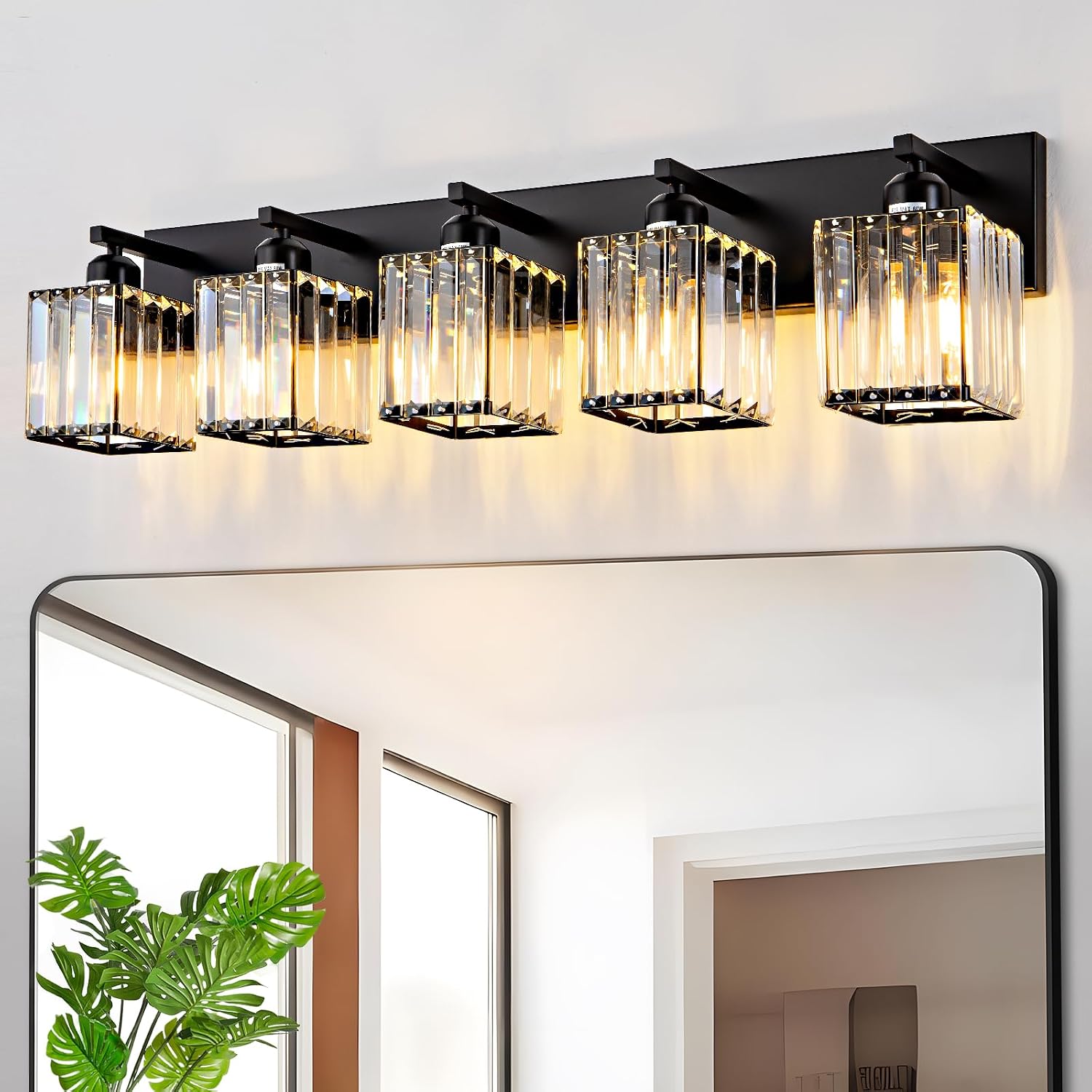 Black Crystal Bathroom Lighting Fixtures, 5 Light Modern Crystal Bathroom Vanity Lights Over Mirror, Wall Light Bathroom Light Fixtures