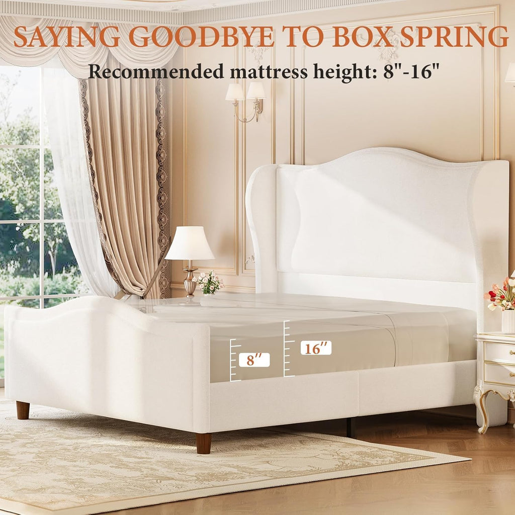 koorlian King Size Bed Frame Chenille Upholstered Platform Bed with Headboard and Footboard, 51' High Deep Tufted Wingback Sleigh Upholstered Bed, Modern Retro Minimalist Style, Easy Assembly, Cream