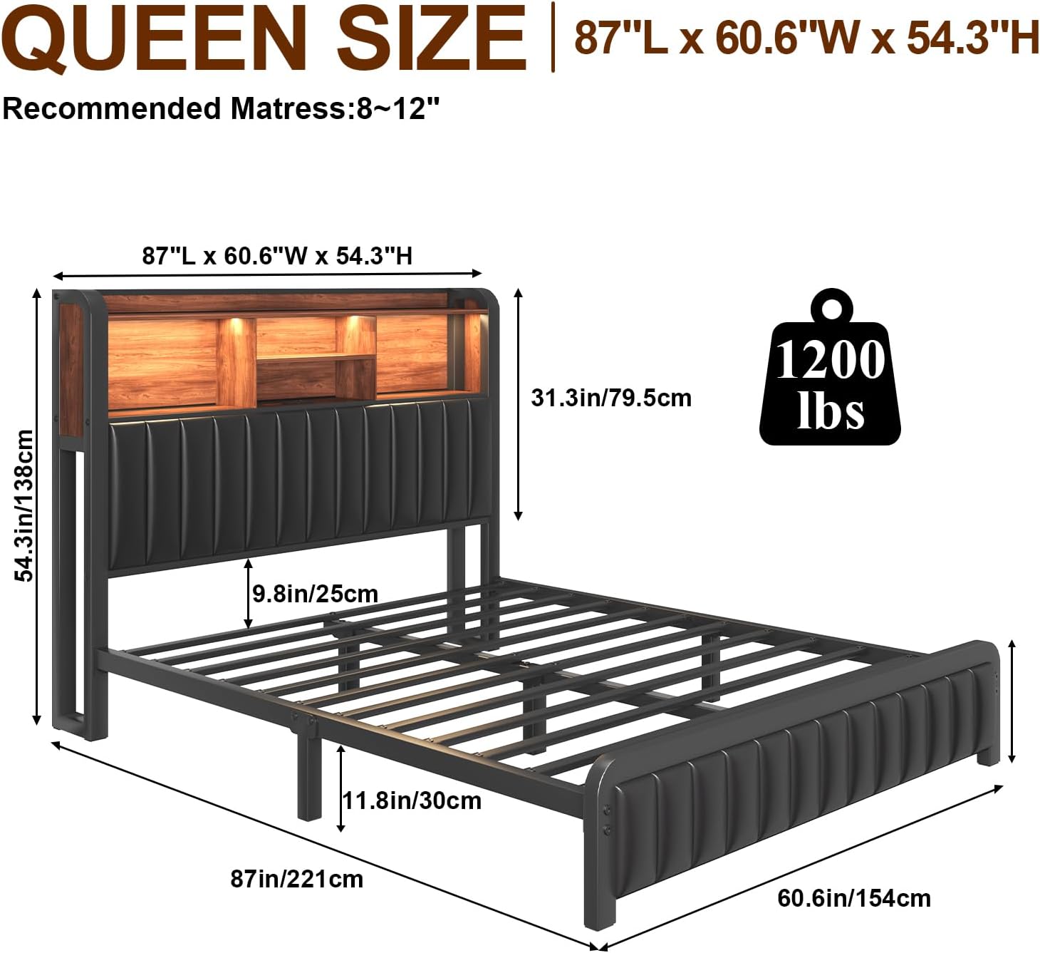 LOEWAY Queen Size Bed Frame 54.3' Tall with 3-Tier Storage Headboard and PU Leather, Metal Platform Bed Frame with LED Lights and Charging Station, Noise-Free, No Box Spring Needed, Black