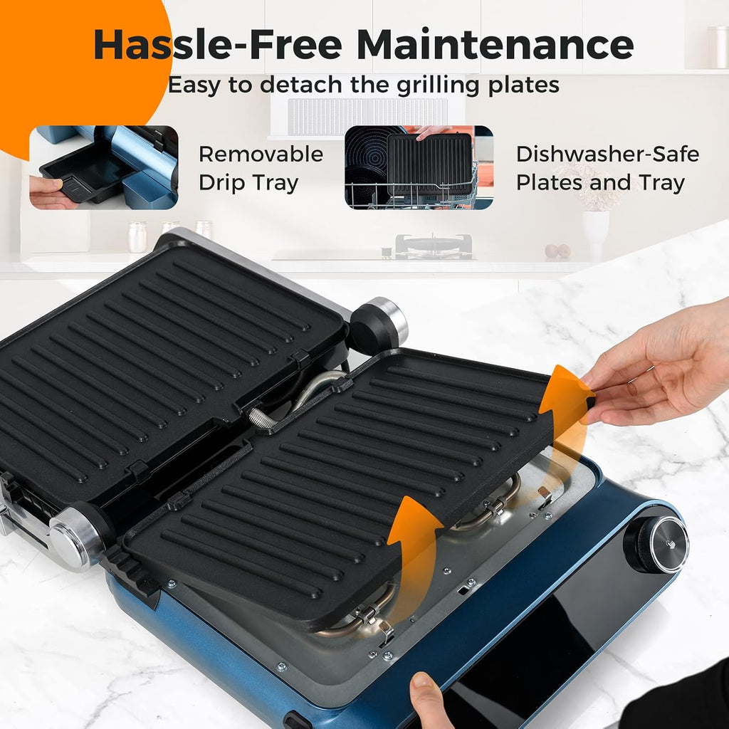 Electric Grill Indoor, Panini Press Sandwich Maker with Non-stick Reversible Grill Plates, Drip Tray & LED Display, 7 Grilling Modes, Dishwasher Safe, 1200W