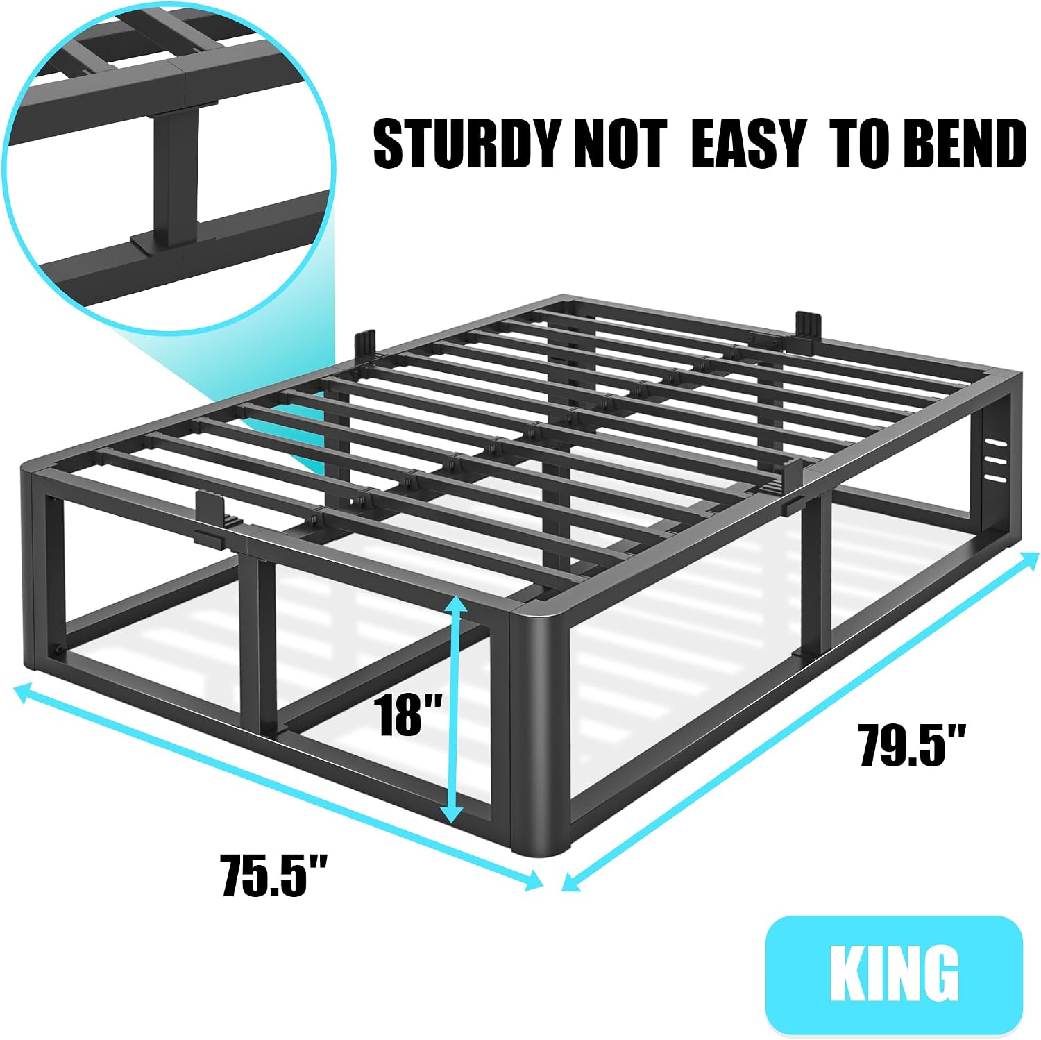 Firpeesy Metal Heavy Duty 18 inch King Bed Frame with Rounded Corner and Headboard Hole Mattress Retainers 3500 LBS No Box Spring Needed Platform Noise Free Easy Assembly