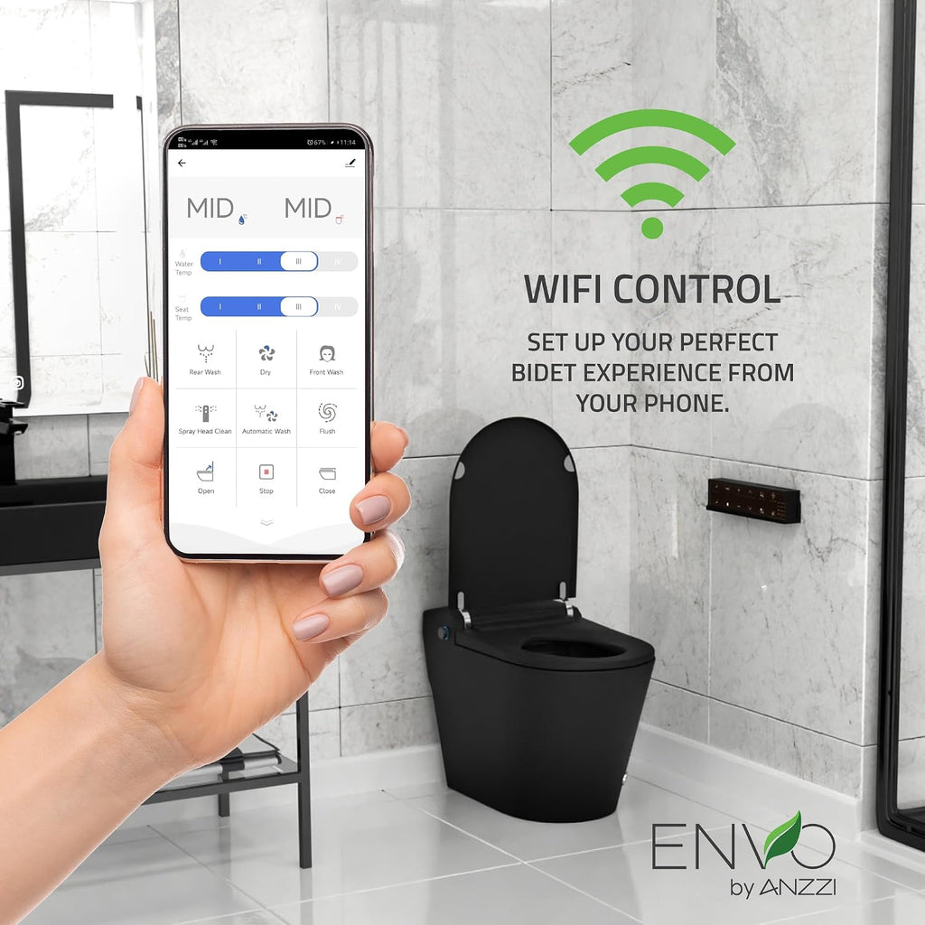 ANZZI Echo Smart Bidet Toilet Elongated One-Piece 1.28 GPF Matte Black with Auto Open Close, Auto Flush, Voice and WiFi Control, Heated Seat, Warm Water Wash, Remote Control | TL-ST950WIFI-MB