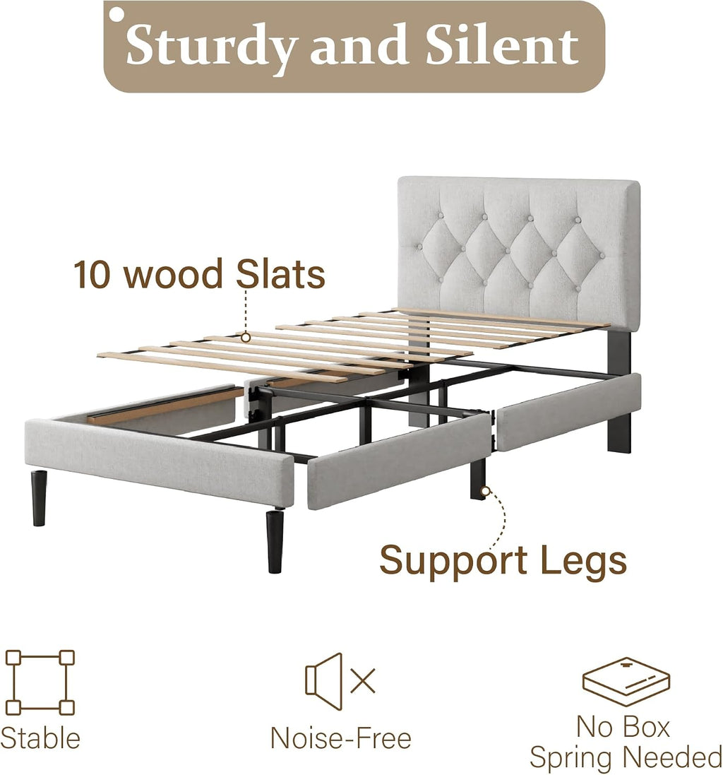 CXVX Twin Size Platform Bed Frame with Upholstered Headboard, Button Tufted Design, Strong Wooden Slats, No Box Spring Needed, Easy Assembly, Noise Free