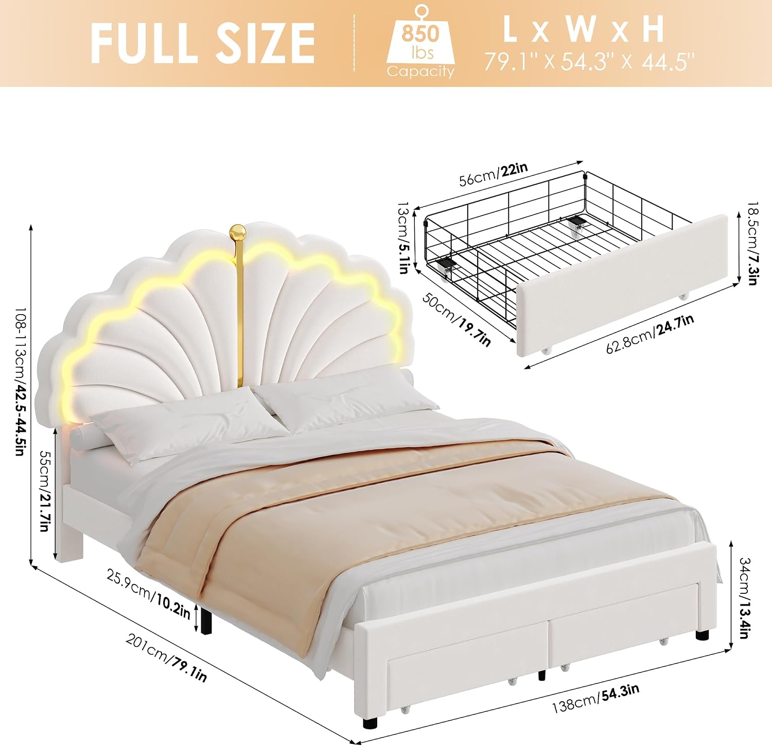 Keyluv Full Princess Bed Frame with Storage Drawers, Soft Velvet Upholstered LED Platform Bed with Adjustable Modern Shell Headboard, No Box Spring Needed, Noise-Free, Beige