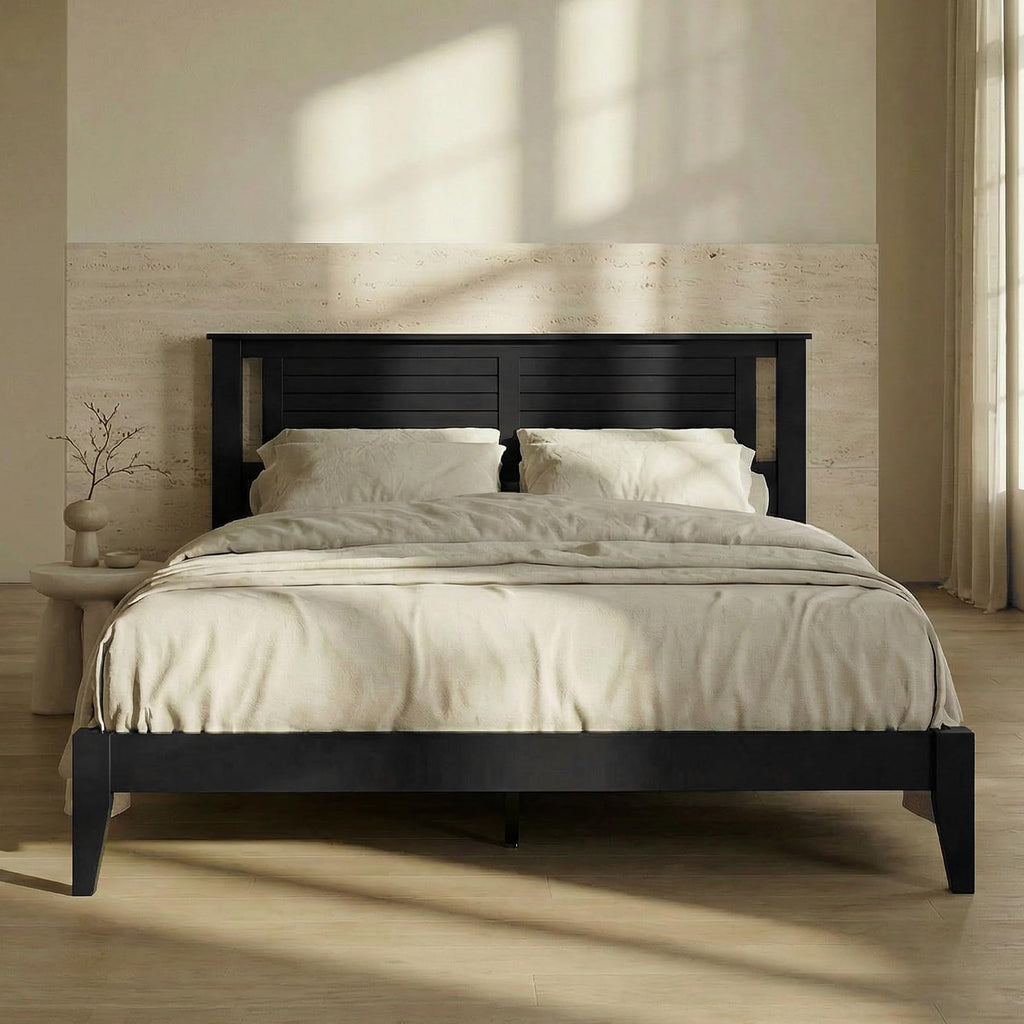 ComfIQ Solid Wood Platform Bed with Wooden Slats – Durable Frame, No Box Spring Required, Ample Underbed Storage, Black, Queen, Bed and Horizontal Slat Headboard