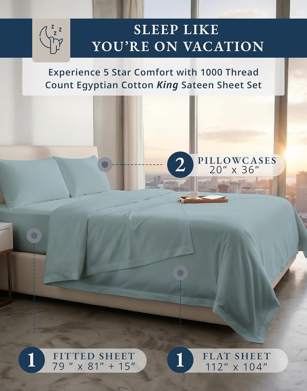 LANE LINEN 1000 Thread Count 100% Egyptian Cotton King Size Sheets – Silky Sateen Weave, Naturally Cooling & Durable, Ultra-Soft Luxury You Can Feel,15' Deep Pocket King Sheet Set – French Blue