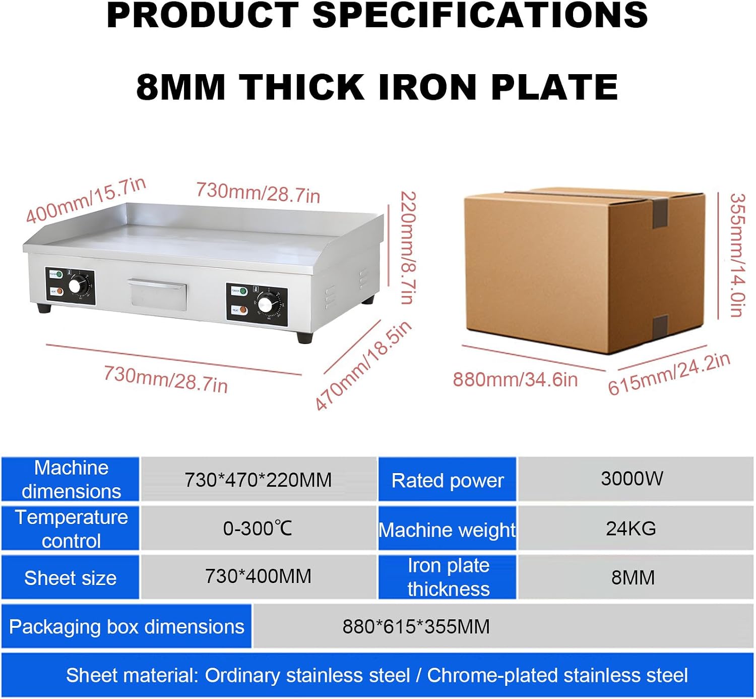 Commercial Electric Griddle, 3000 W Nonstick Stainless Steel Electric Griddle, Stainless Steel Countertop Grill with Flat Surface, 8mm thick iron plate, For Camping, Commercial 73 * 47 * 22CM