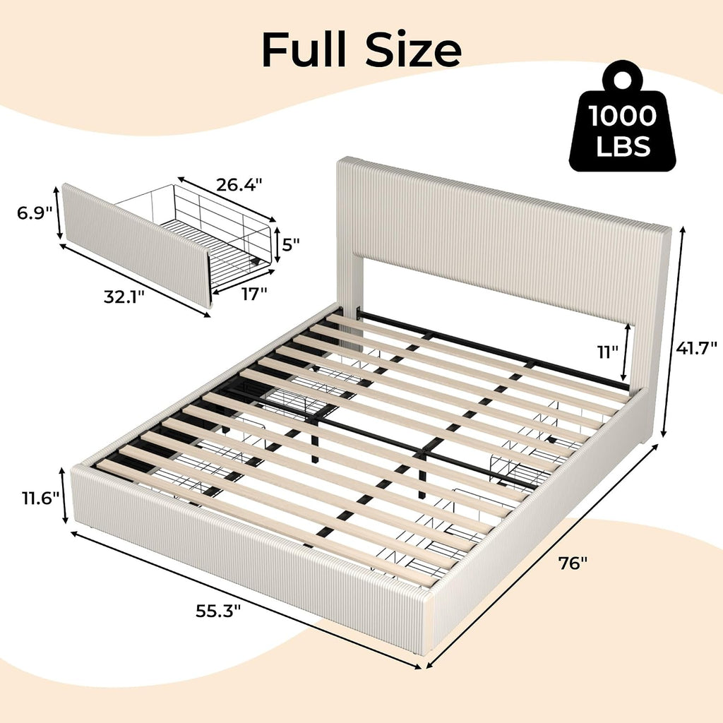 IDEALHOUSE Full Size Bed Frame with Tufted Wingback Headboard, Platform Corduroy Upholstered Bed Frame with 4 Storage Drawers and Wooden Slats Support, No Box Spring Needed, Beige