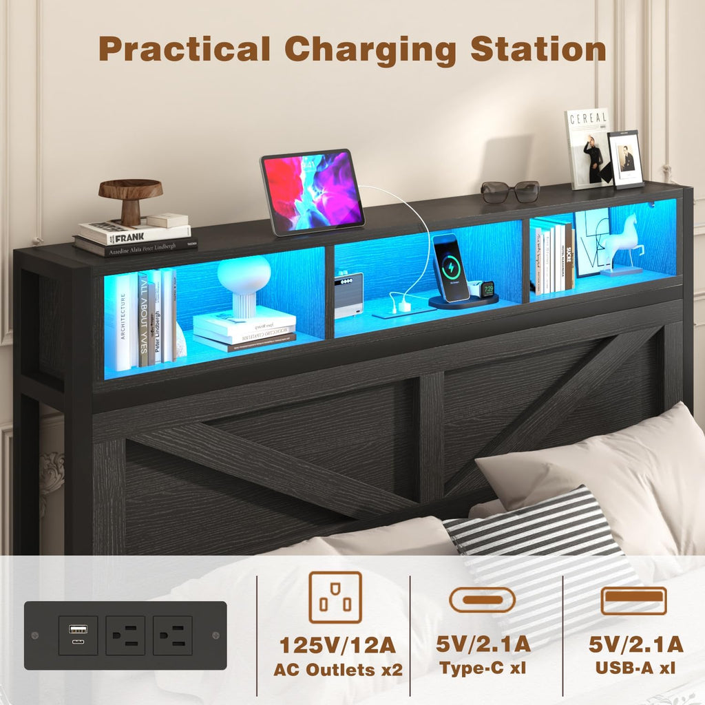 Incyneva Farmhouse Queen Bed Frame with Bookcase Storage Headboard, Charging Station, LED Light and 2 Storage Drawers, Noise Free, No Box Spring Needed, Black