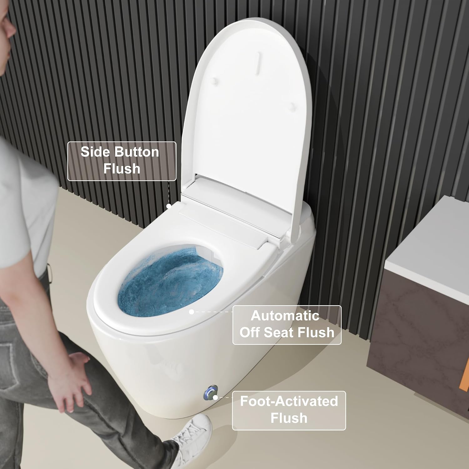 Smart Toilet with Auto Open Close, One Piece Elongated Toilet with Foot Sensor, Comfort Height, Blackout Flush, Auto Flush, Heated Seat, Nightlight for Bathroom
