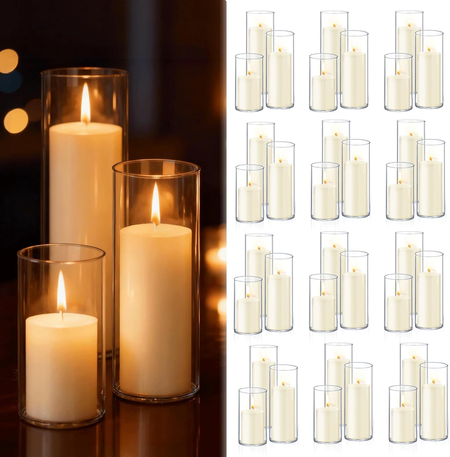 72 PCS Ivory White Pillar Candles with Glass Candle Holders Clear Hurricane Candle Holders Glass Cylinder Vases for Centerpieces Wedding Party, Event, Home Office (36 Candles+36 Candle Hoders)