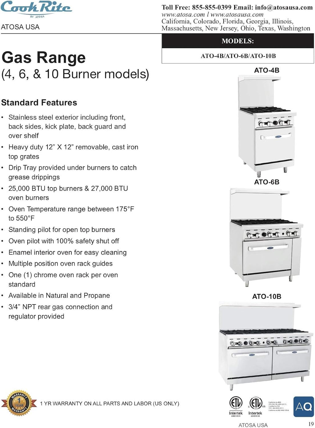 Atosa AGR Commercial Gas Range, 36' Gas Range, (6) Burners Top, (1) Standard Oven, Natural Gas (AGR-6B-NG)