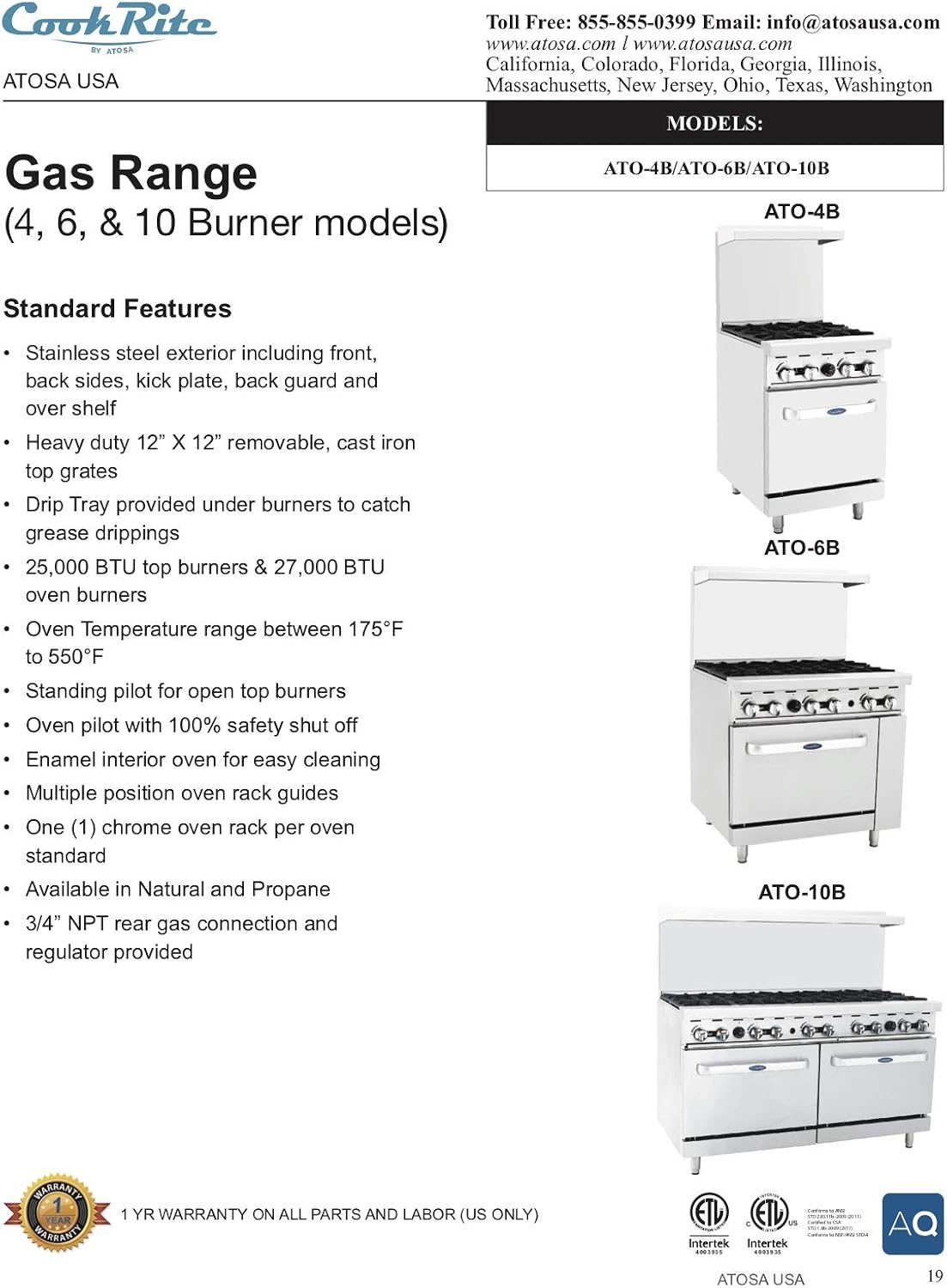 Atosa AGR Commercial Gas Range, 36' Gas Range, (6) Burners Top, (1) Standard Oven, Natural Gas (AGR-6B-NG)