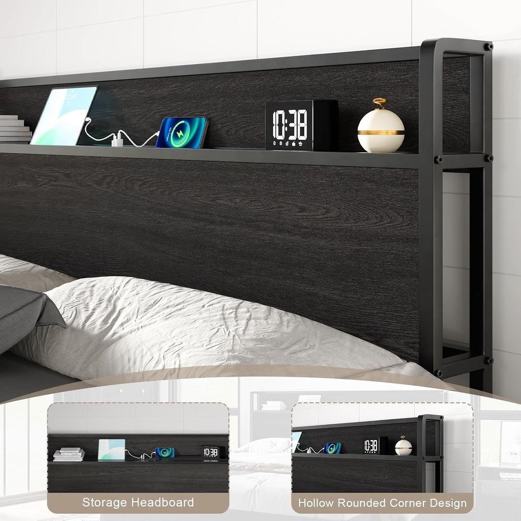 AMERLIFE King Size Lift Up Storage Bed Frame, Wooden Platform Bed Frame with Lifting Storage & Charging Station, No Spring Box Needed/Noise Free, Black