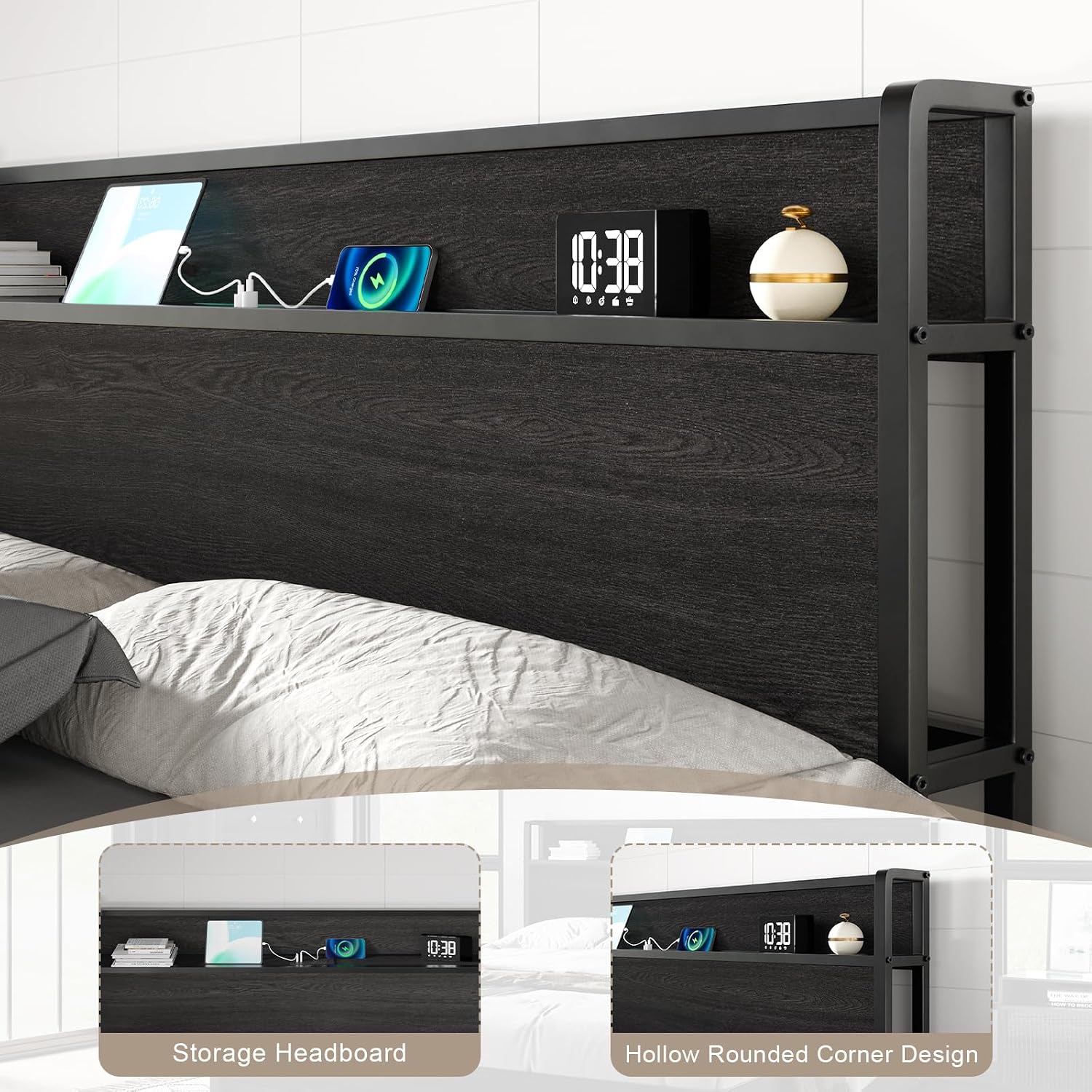 AMERLIFE King Size Lift Up Storage Bed Frame, Wooden Platform Bed Frame with Lifting Storage & Charging Station, No Spring Box Needed/Noise Free, Black