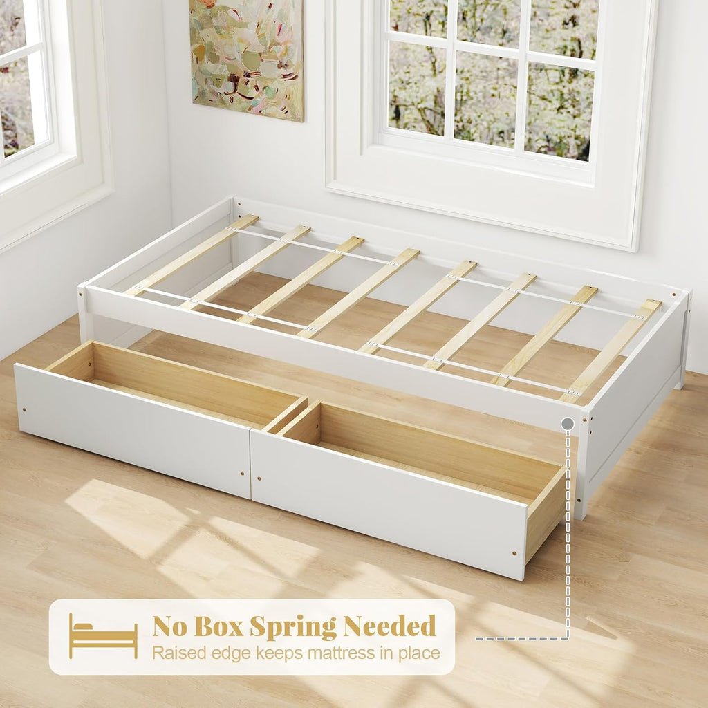Giantex Twin Bed Frame with 2 Storage Drawers, Solid Wood Platform Bed with Slats Support, Heavy Duty Daybed with Storage, No Box Spring Needed, Twin Bed Frames for Kids Teens Adults Guests (White)