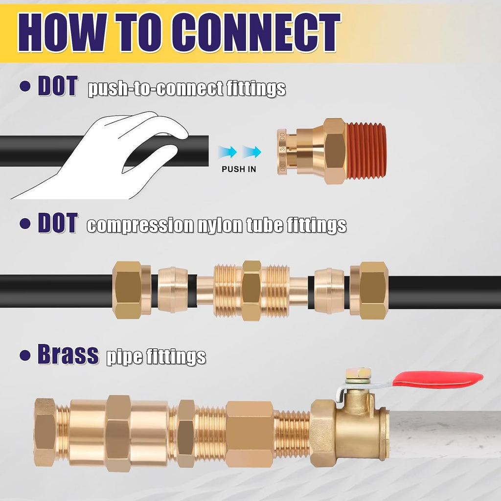 200 Pcs Brass DOT Air Brake Line Fittings & Air Nylon Tube Compression Fittings Assortment Kits,1/4' 1/8' 3/8' 1/2' NPT Push To Connect Fittings Quick Connect Air Hose Fittings