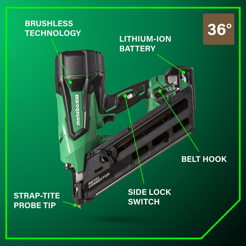 Metabo HPT 36V MultiVolt Cordless Metal Connector Nailer, Power Tool MultiVolt 36V 2.5 Ah Li-ion battery, Pro Tools Innovation Award Winner, Drives 1-1/2' to 2-1/2' Nails, 900 per Charge, NR3665DA