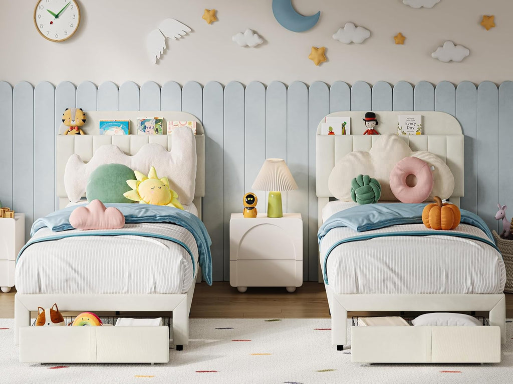 IDEALHOUSE Twin Bed Frame for Kids, Upholstered Platform Bed with Large Storage Drawer and Bookcase Headboard, Girls Boys Bed, Noise-Free, Easy Assembly, No Box Spring Needed, Cream White