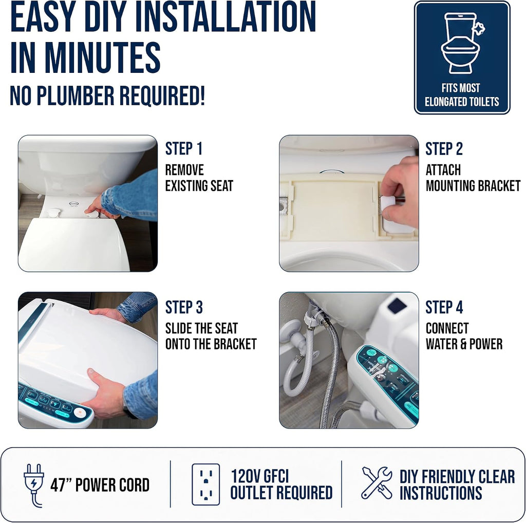 BidetMate Electric Bidet Toilet Seat 2000 Series, Unlimited Heated Water, Side Controls, Deodorizer, Warm Air Dryer, Self-Cleaning Nozzle, Elongated ABS Seat, Adjustable Wash Modes