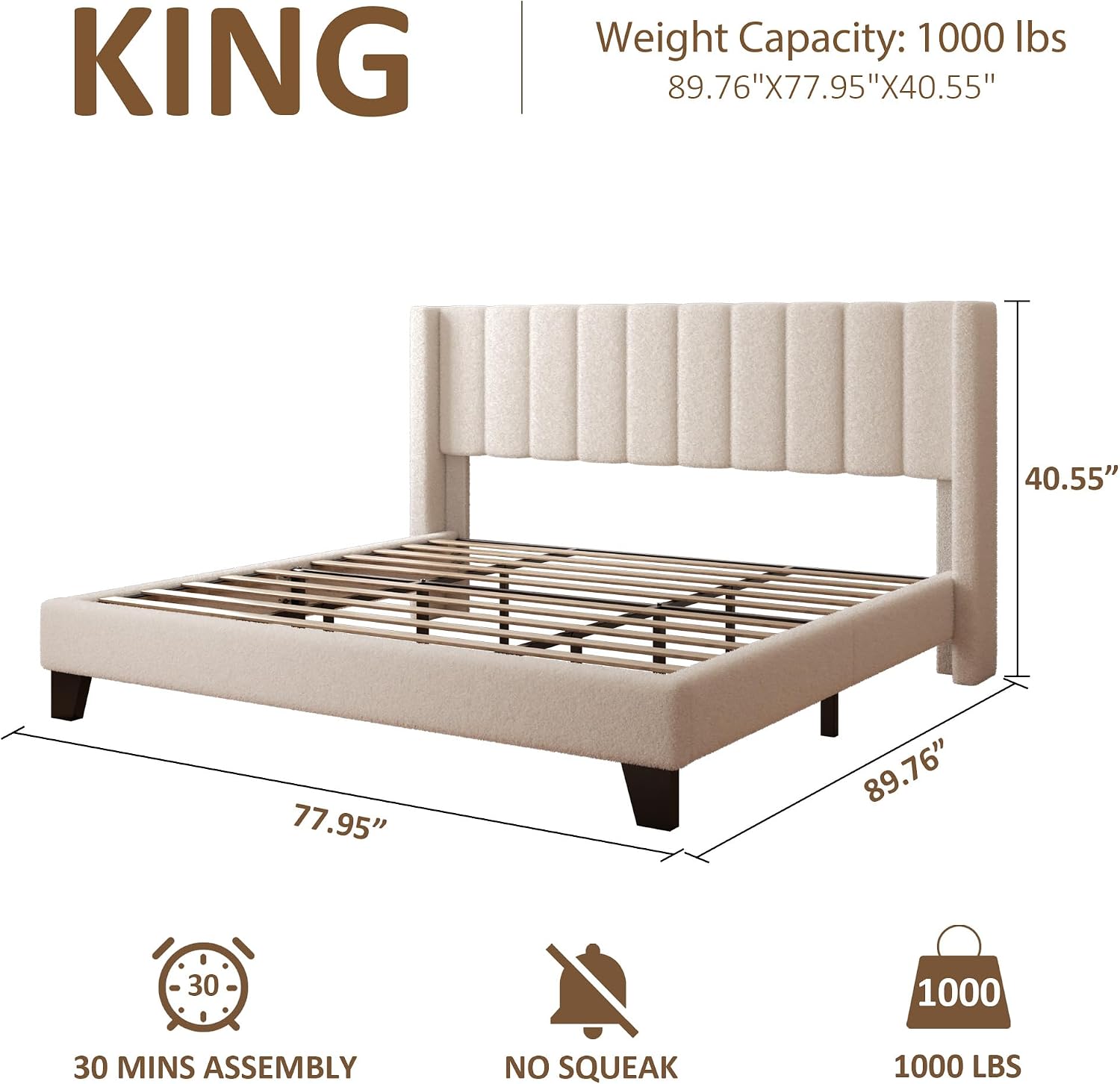 King Bed Frame with Headboard Upholstered Platform Bed Frame with Teddy Velvet Headboard, Wooden Slats Support/Wing Edge Design/No Box Spring Needed/Easy Assembly, Camle