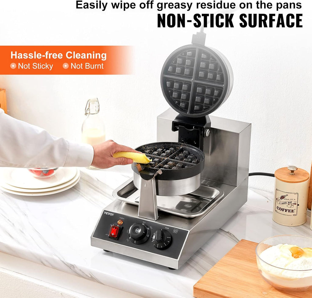 VEVOR Commercial Waffle Maker, 1 Piece per Batch, 1300W Round Waffle Iron, Non-Stick Waffle Baker Machine with 122-572℉ / 50-300℃ Temp Range Teflon-Coated Baking Pans Stainless Steel Body, 110V
