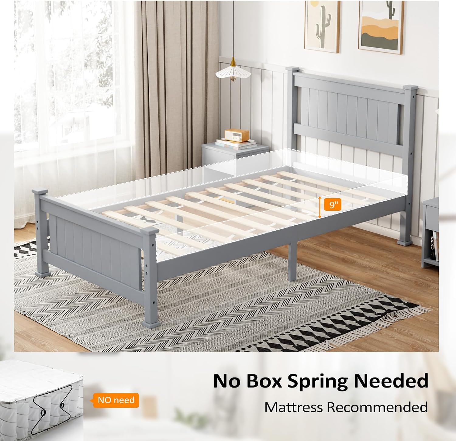 VINGLI Twin Size Solid Wood Bed with Headboard, Sturdy & Durable Construction,Modern Minimalist Panel Platform Bed with Strong Support for Kids,Adults & Guests,Sleigh Bed,Warm Gray