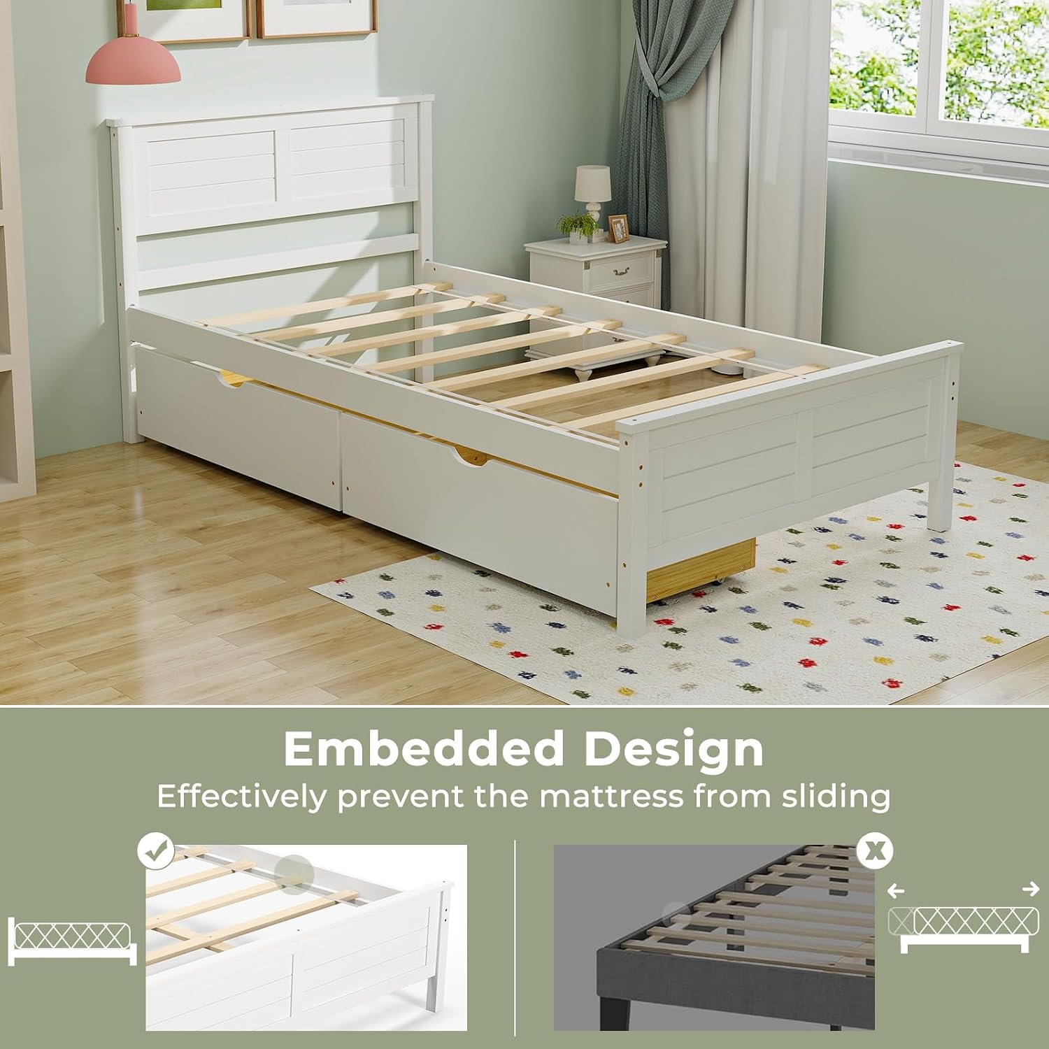 Giantex Wood Twin Bed with 2 Storage Drawers, Solid Wood Platform Bed with Headboard, Wooden Slats Support Mattress Foundation, No Spring Needed, Twin Bed Frame for Kids, Teens, Adults, White
