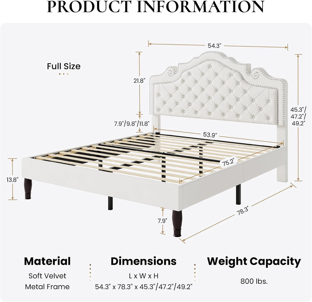 SHA CERLIN Full Size Bed Frame with Adjustable Headboard/Velvet Upholstered/Diamond Button Tufted and Metal Studs/No Box Spring Needed/Sturdy Wood Slat Support/Easy Assembly/White