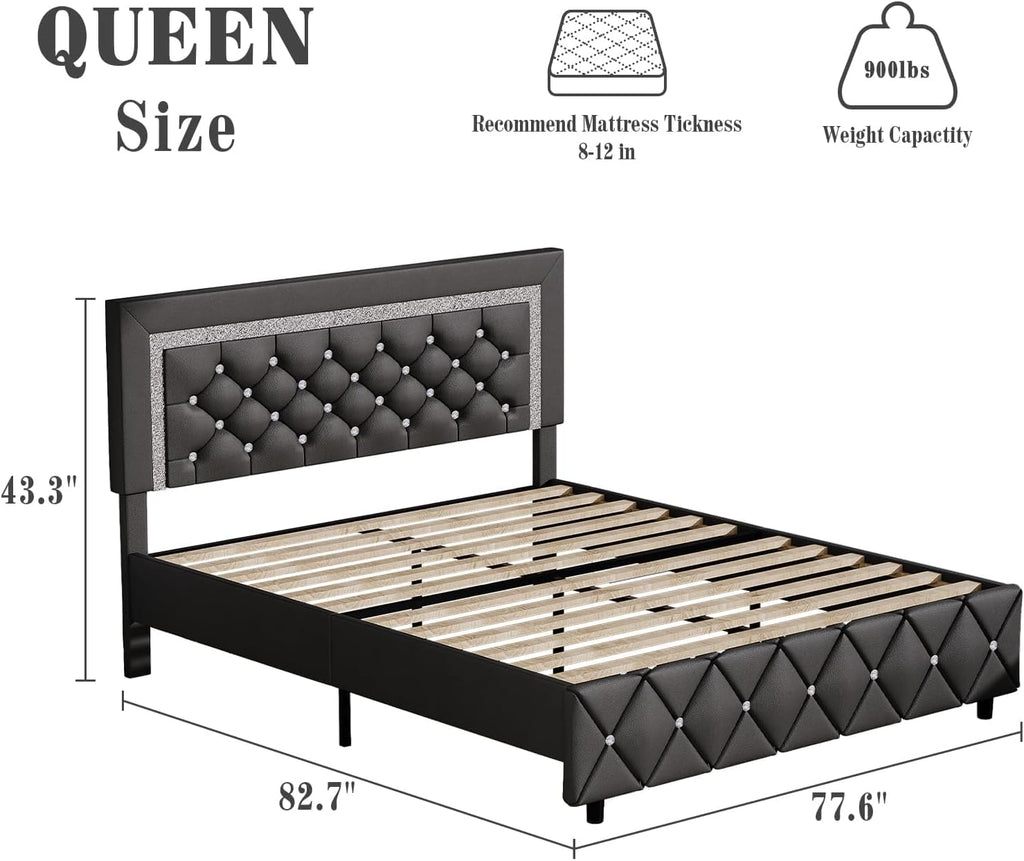 BarnFurin Queen Bed Frame with Diamond Tufted Headboard, Faux Leather Upholstered Bed with Wooden Slats Support, No Box Spring Needed, Mattress Foundation, Easy Assembly, Grey