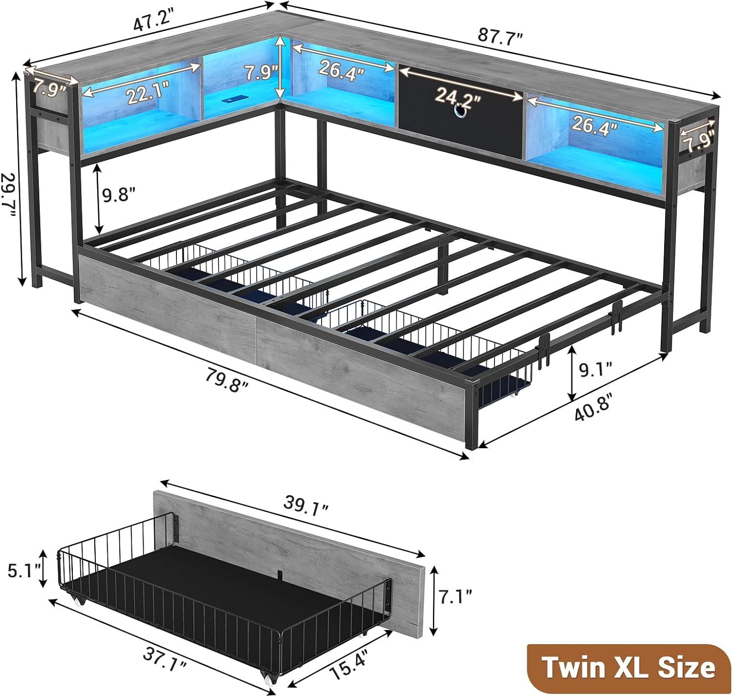 Hasuit Corner Bed Frame Twin XL with Storage Drawers and Bookcase Headboard, Twin xl Metal Platform Corner Bed Frame with Charging Station and LED Lights, Twin XL Daybed for Kids Teens Guests,Oak Gray