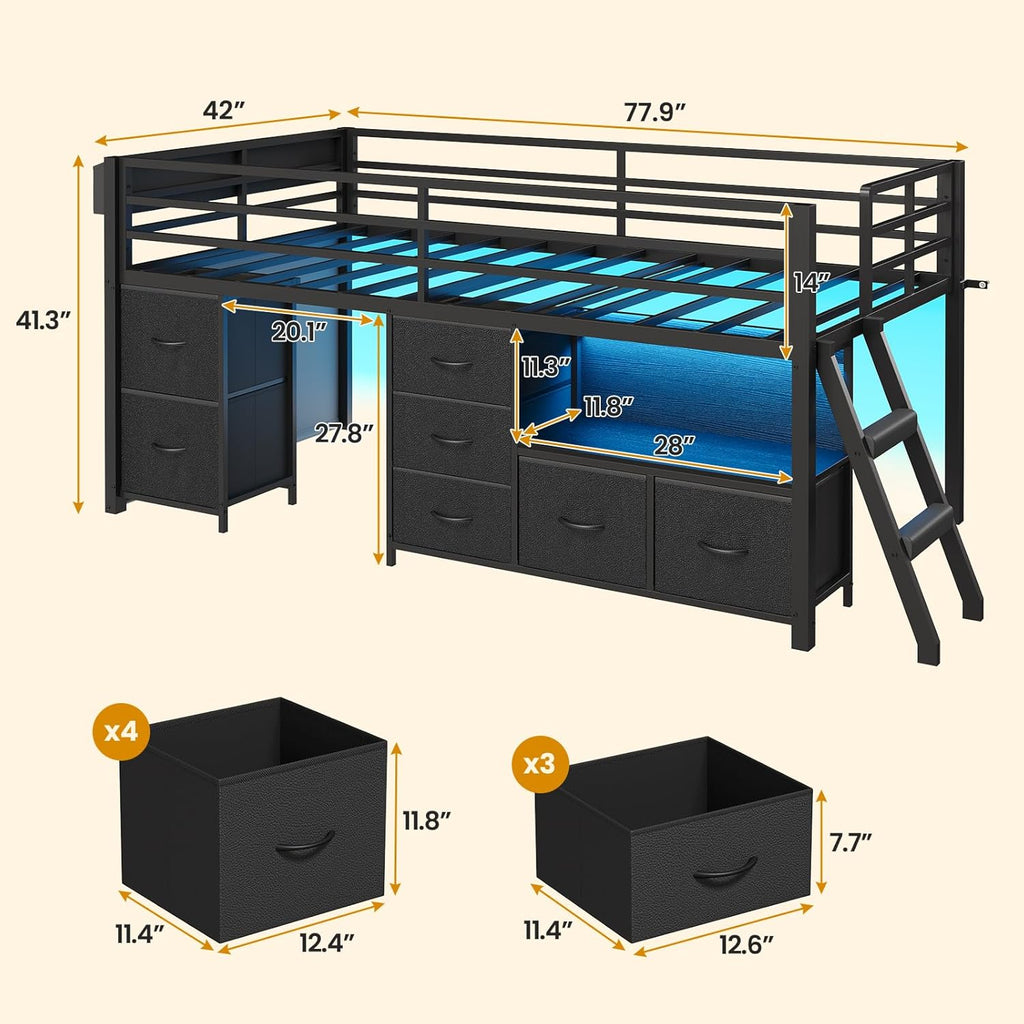 ADORNEVE Low Loft Bed Twin Size with 7 Storage Drawers, Bookcase and LED Lights, Metal Kids Loft Bed with 14' H Safety Guardrail,Inclined Ladder and Play Curtain, Under-Bed Play Space, Black