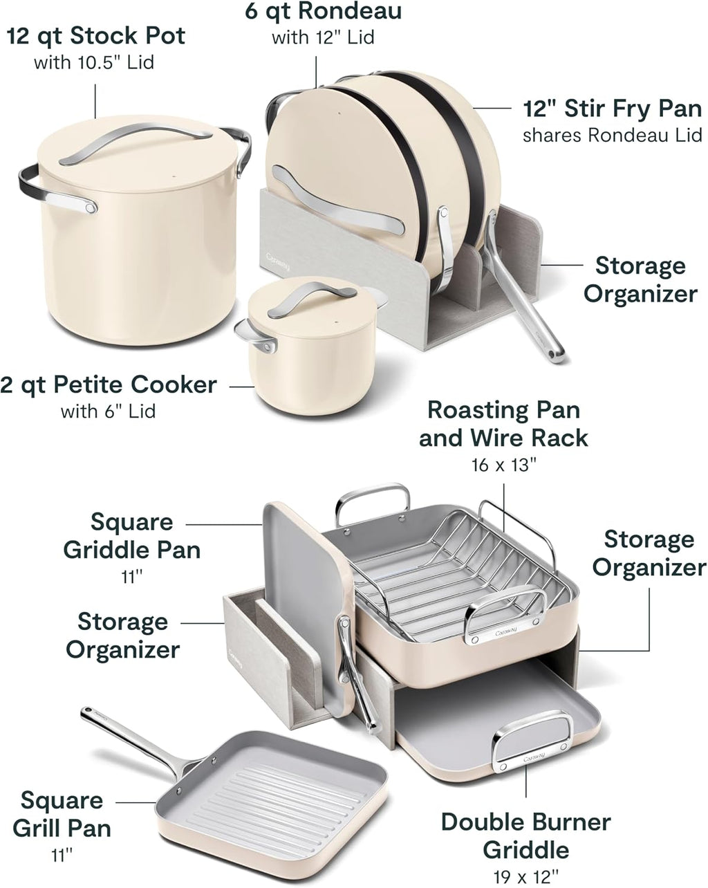Caraway 31-Piece Ceramic Cookware Bundle - Fry Pans, Saucepans, Sauté Pan, Dutch Oven, Petite Cooker, Stir Fry, Rondeau, Stock Pot, Grill & Griddle Pans, Roasting Pan, Racks, Organizers - Cream