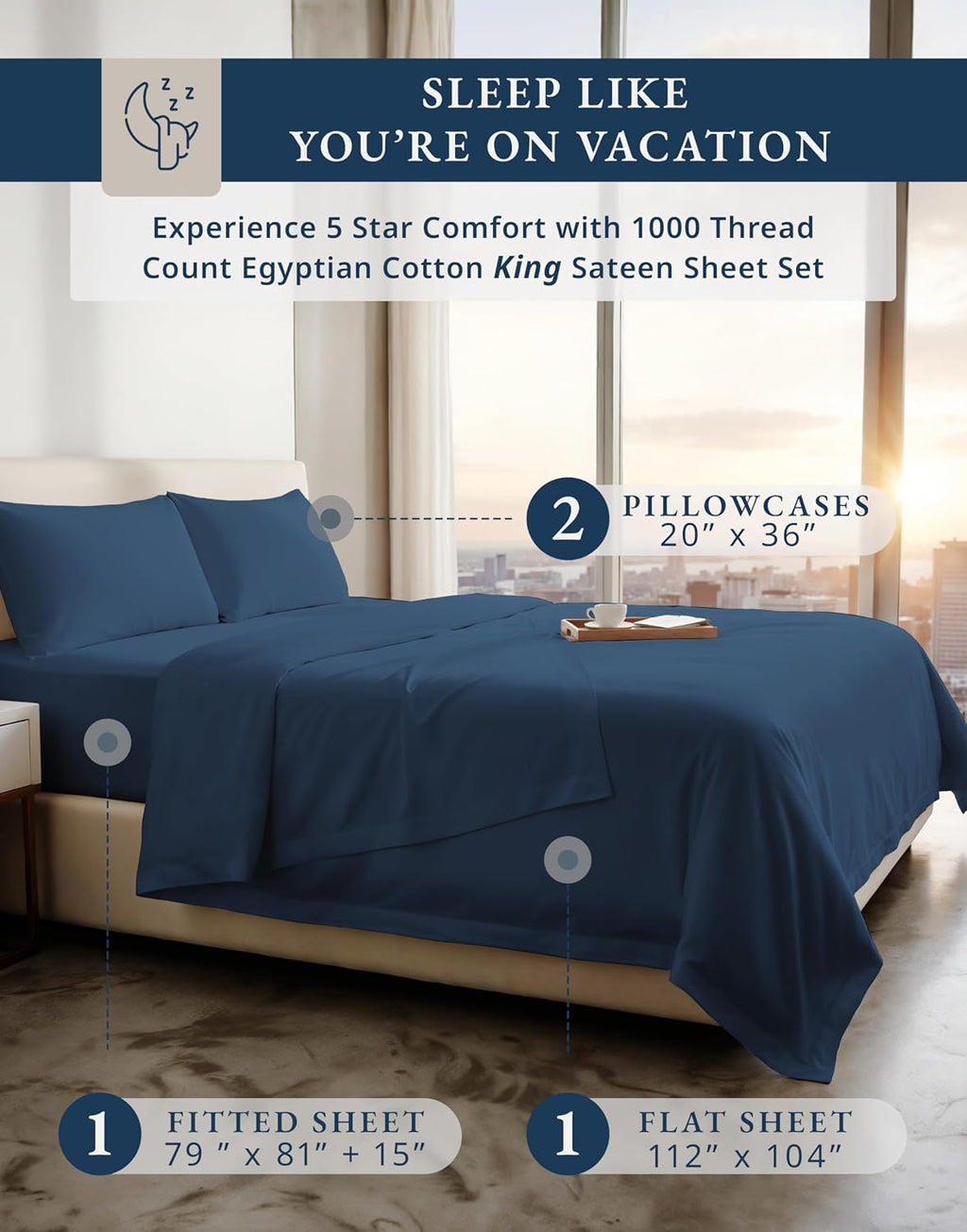 LANE LINEN 100% Egyptian Cotton Sheets King Size - 1000 Thread Count King Bed Sheets, Ultra-Soft Hotel Luxury with 15' Deep Pocket, Naturally Breathable & Durable, Silky Sateen Weave - Estate Blue