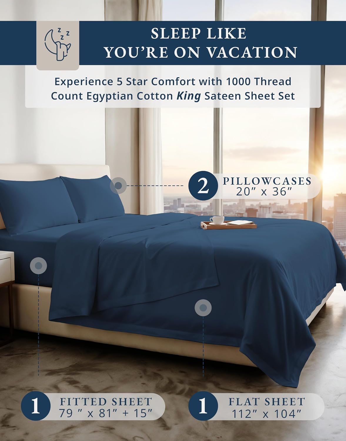 LANE LINEN 100% Egyptian Cotton Sheets King Size - 1000 Thread Count King Bed Sheets, Ultra-Soft Hotel Luxury with 15' Deep Pocket, Naturally Breathable & Durable, Silky Sateen Weave - Estate Blue